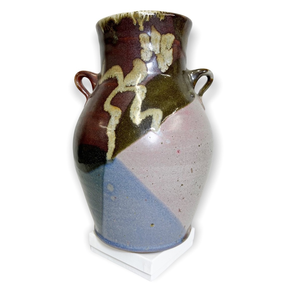 Hand Thrown Studio Art Pottery Jug Vase Artist Signed w/ Handles Earth T…
